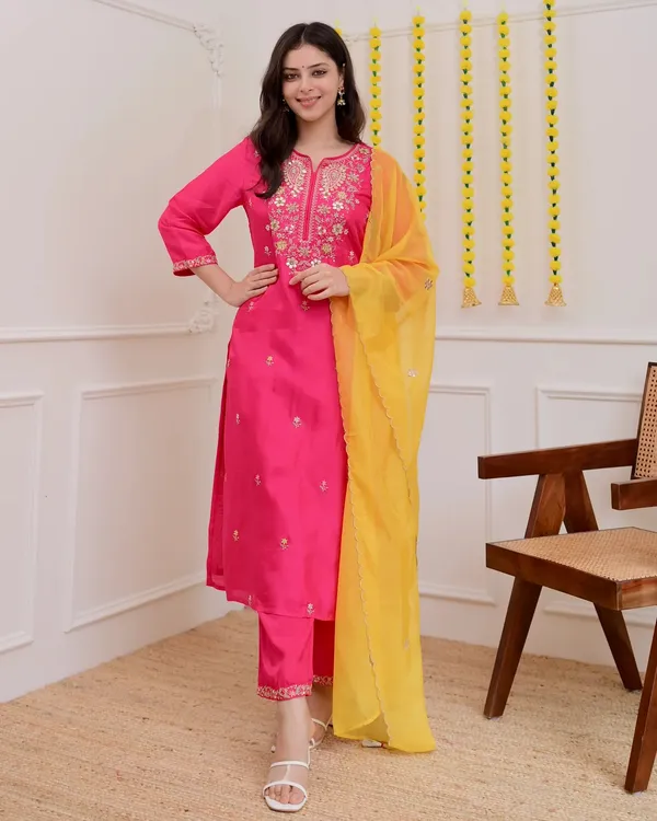 Pink_Chanderi_Embroidered_Kurti_With_Pant_&_Dupatta_For_Women