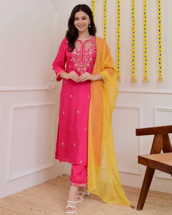 Pink_Chanderi_Embroidered_Kurti_With_Pant_&_Dupatta_For_Women