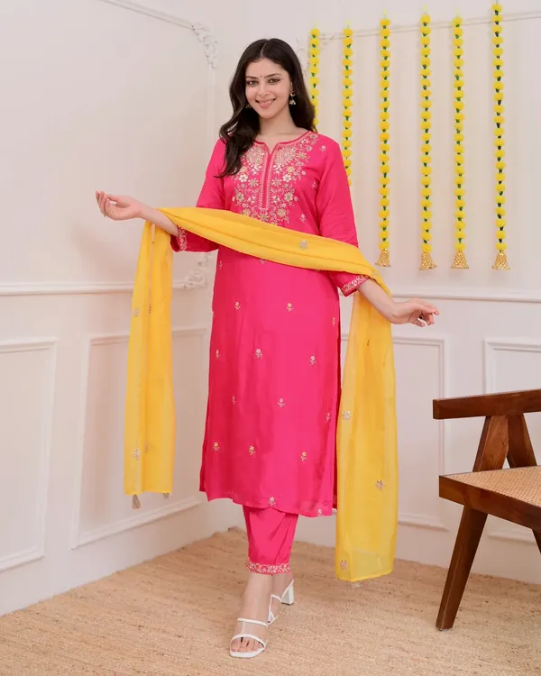 Pink_Chanderi_Embroidered_Kurti_With_Pant_&_Dupatta_For_Women
