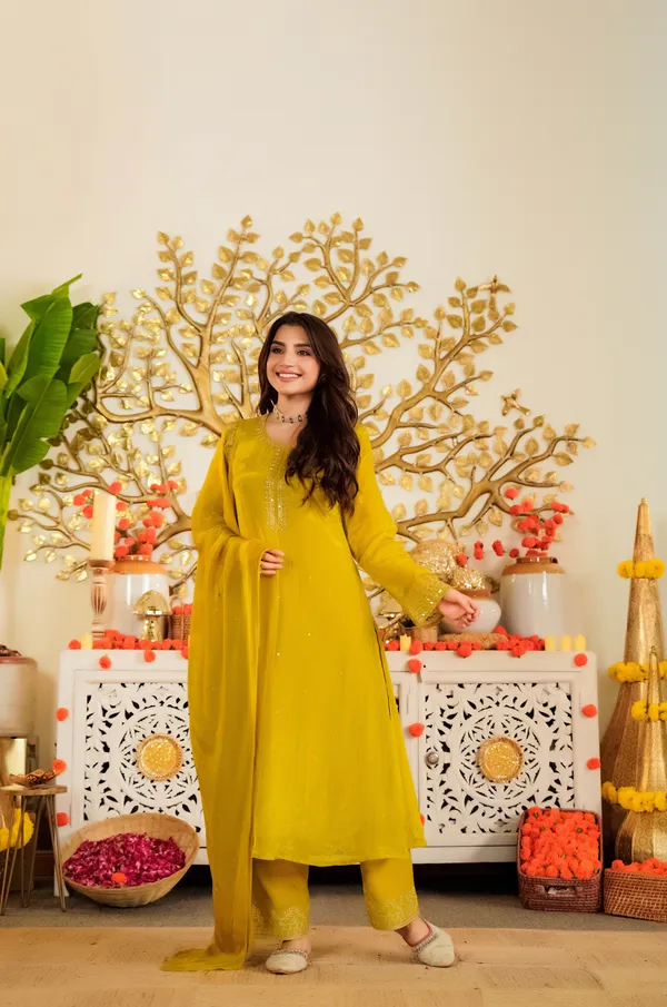 Yellow_Viscose_Satin_Embroidered_Kurti_With_Pant_&_Dupatta_For_Women
