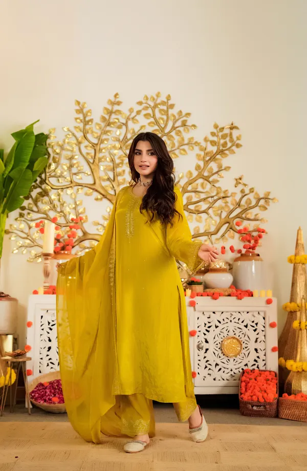 Yellow_Viscose_Satin_Embroidered_Kurti_With_Pant_&_Dupatta_For_Women