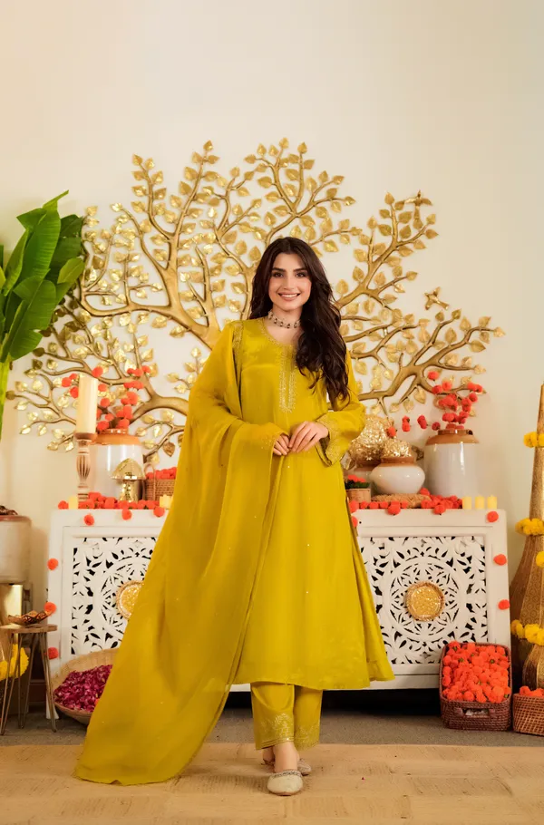 Yellow_Viscose_Satin_Embroidered_Kurti_With_Pant_&_Dupatta_For_Women