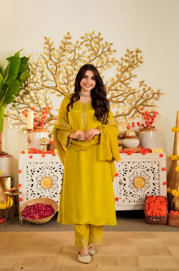 Yellow_Viscose_Satin_Embroidered_Kurti_With_Pant_&_Dupatta_For_Women