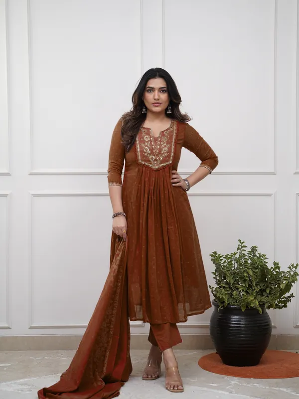Brown_Cotton_Embroidered_Kurti_With_Pant_&_Dupatta_For_Women