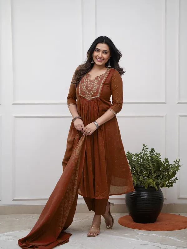 Brown_Cotton_Embroidered_Kurti_With_Pant_&_Dupatta_For_Women