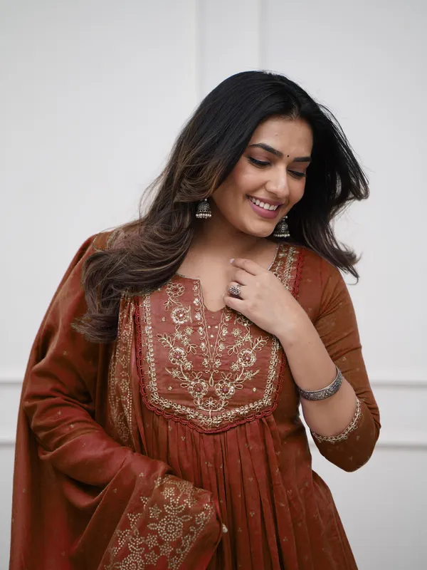 Brown_Cotton_Embroidered_Kurti_With_Pant_&_Dupatta_For_Women