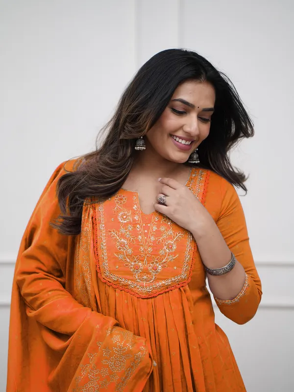 Orange_Cotton_Embroidered_Kurti_With_Pant_&_Dupatta_For_Women