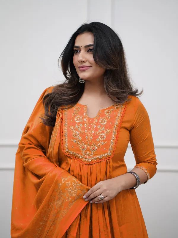 Orange_Cotton_Embroidered_Kurti_With_Pant_&_Dupatta_For_Women