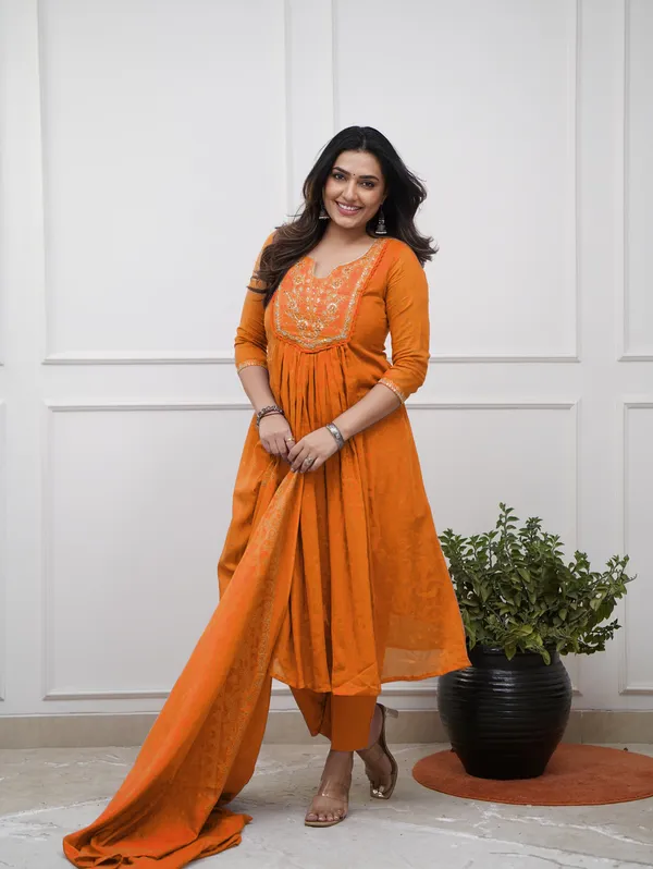 Orange_Cotton_Embroidered_Kurti_With_Pant_&_Dupatta_For_Women