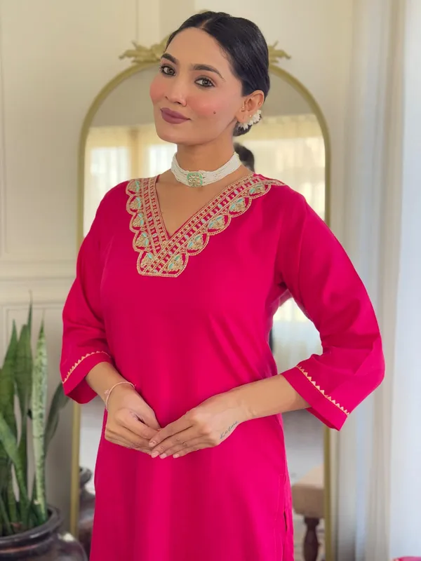 Red_Rayon_Slub_Embroidery_Kurti_With_Pant_&_Dupatta_For_Women