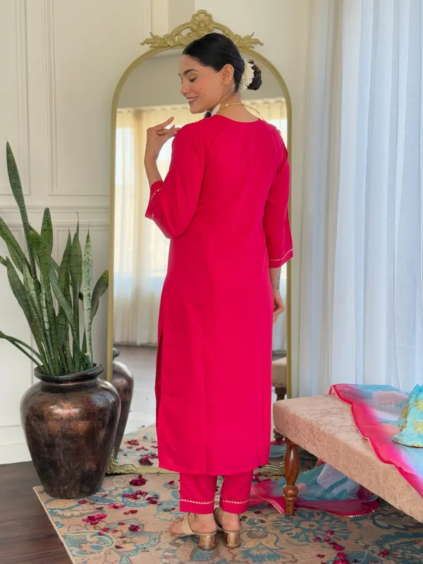 Red_Rayon_Slub_Embroidery_Kurti_With_Pant_&_Dupatta_For_Women