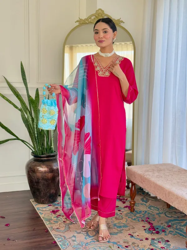 Red_Rayon_Slub_Embroidery_Kurti_With_Pant_&_Dupatta_For_Women