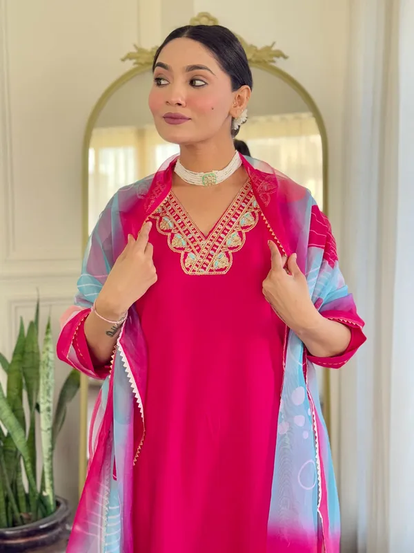 Red_Rayon_Slub_Embroidery_Kurti_With_Pant_&_Dupatta_For_Women