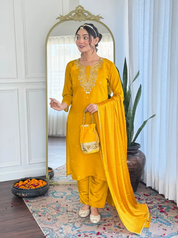Yellow_Viscose_Chanderi_Embroidery_Kurti_With_Pant_&_Dupatta_For_Women