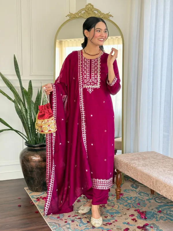 Maroon_Cp_Vichitra_Embroidery_Kurti_With_Pant_&_Dupatta_For_Women