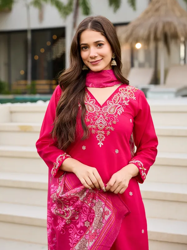 Pink_Roman_Silk_With_Cotton_Lining_Embroidered_Beads_Kurti_With_Pant_&_Dupatta_For_Women