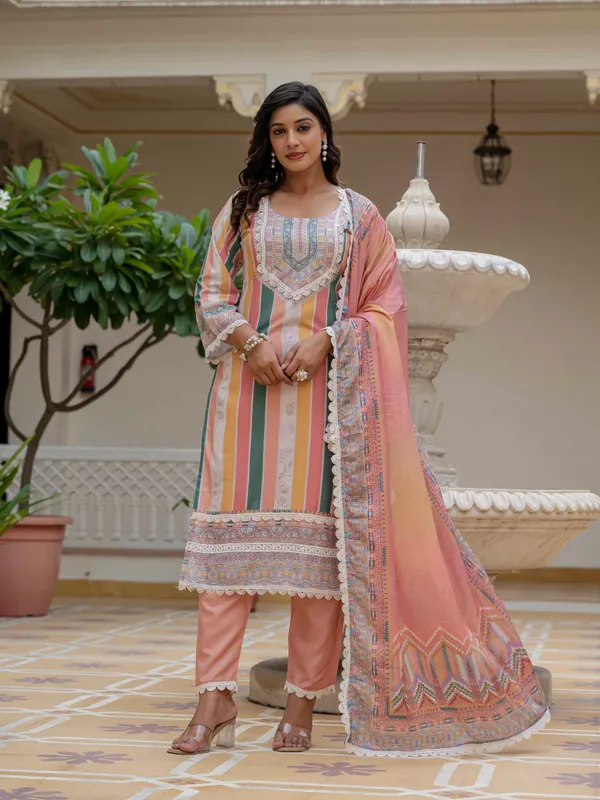 Orange_Rayon_Slub_Embroidery_Kurti_With_Pant_&_Dupatta_For_Women