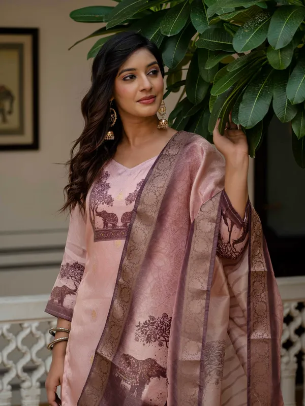 Pink_Jacquard_Silk_With_Cotton_Lining_Printed_Kurti_With_Pant_&_Dupatta_For_Women