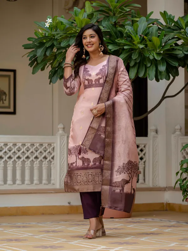 Pink_Jacquard_Silk_With_Cotton_Lining_Printed_Kurti_With_Pant_&_Dupatta_For_Women