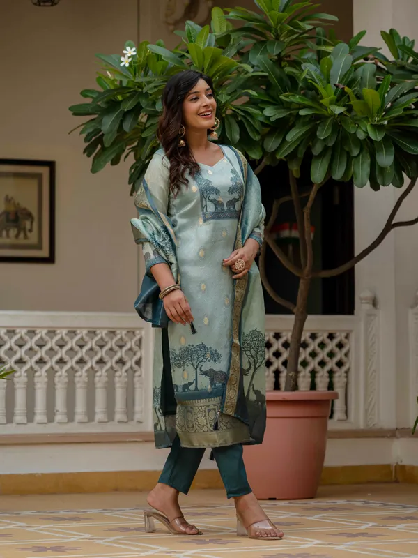 Pista_Jacquard_Silk_With_Cotton_Lining_Printed_Kurti_With_Pant_&_Dupatta_For_Women