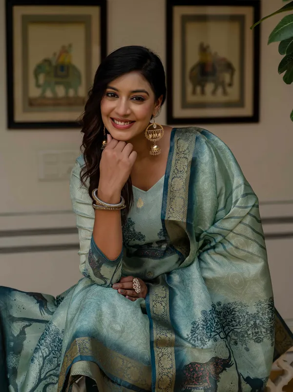 Pista_Jacquard_Silk_With_Cotton_Lining_Printed_Kurti_With_Pant_&_Dupatta_For_Women