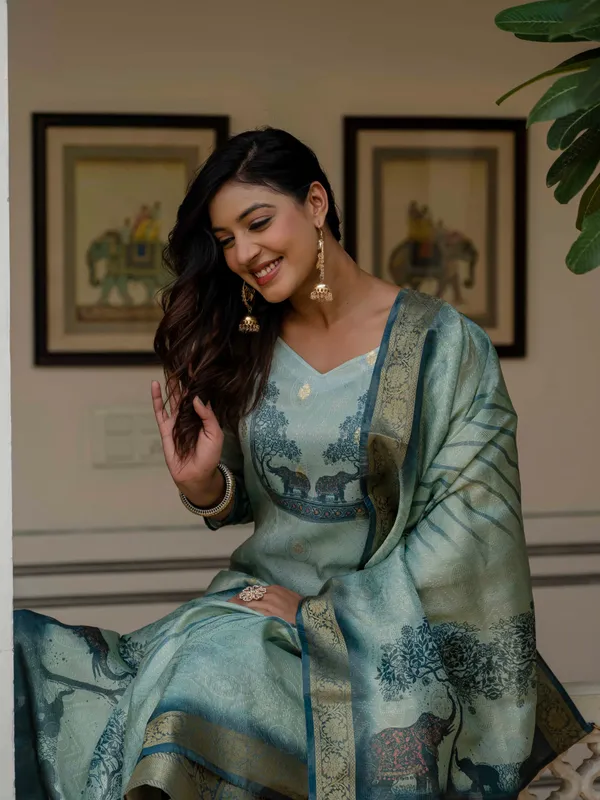 Pista_Jacquard_Silk_With_Cotton_Lining_Printed_Kurti_With_Pant_&_Dupatta_For_Women