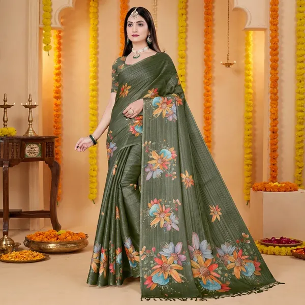 Dark_Green_Erode_Cotton_Silk_Digital_Print_With_Latkan_Work_Saree_For_Women