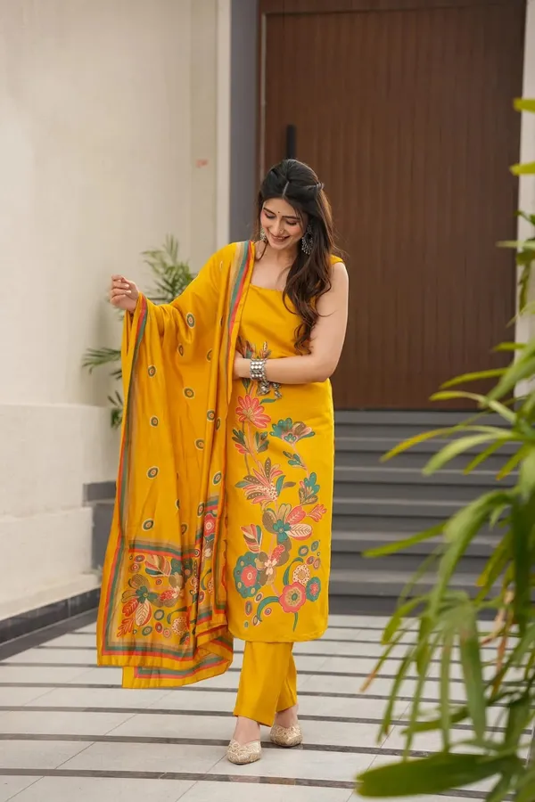 Yellow_French_Crepe_Printed_Kurti_With_Pant_&_Dupatta_For_Women