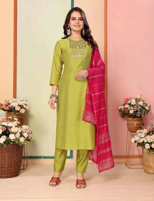 Green_Silk_Embroidery_Kurti_With_Pant_&_Dupatta_For_Women
