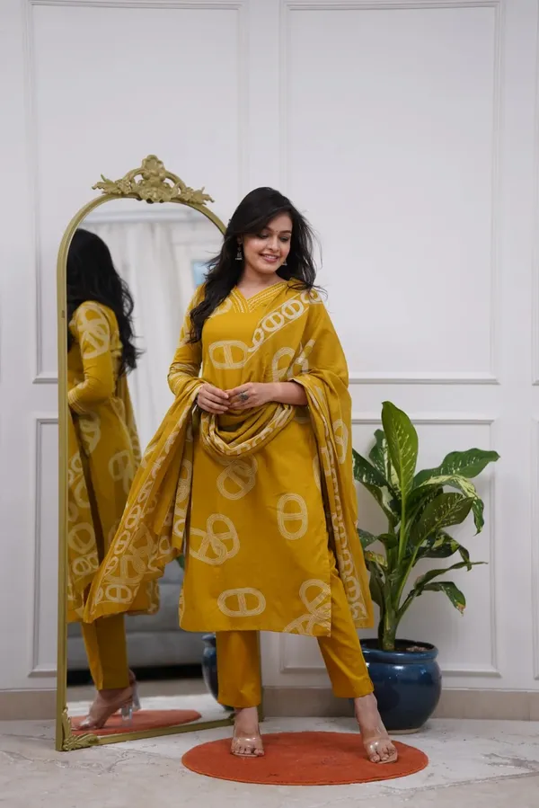 Yellow_Chanderi_Silk_Embroidered_Kurti_With_Pant_&_Dupatta_For_Women