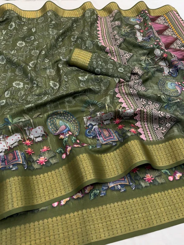 Green_Aura_Cotton_Silk_Digital_Print_With_Latkan_Work_Saree_For_Women