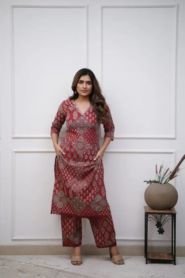 Red_70%_Cotton_And_30%_Rayon_Co-Ord_Set_For_Women