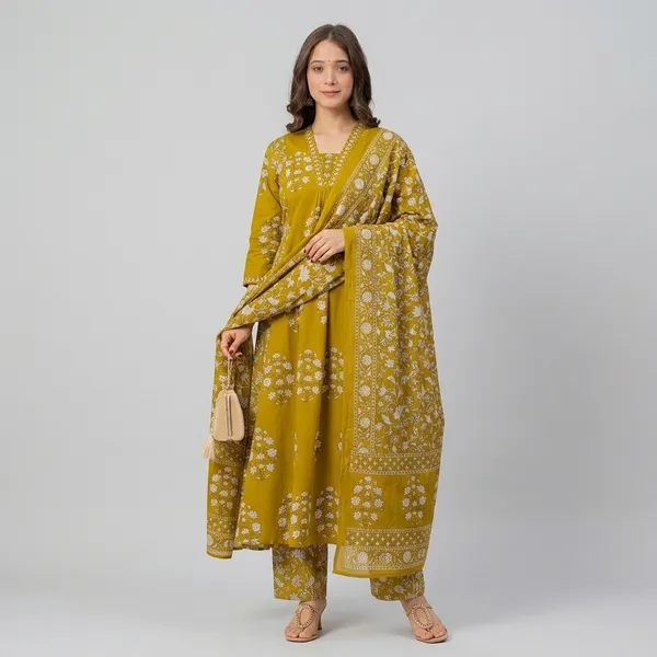 Yellow_70%_Cotton_And_30%_Rayon_Anarkali_Kurti_Set_For_Women