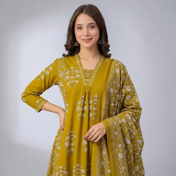 Yellow_70%_Cotton_And_30%_Rayon_Anarkali_Kurti_Set_For_Women