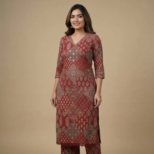 Red_70%_Cotton_And_30%_Rayon_Co-Ord_Set_For_Women