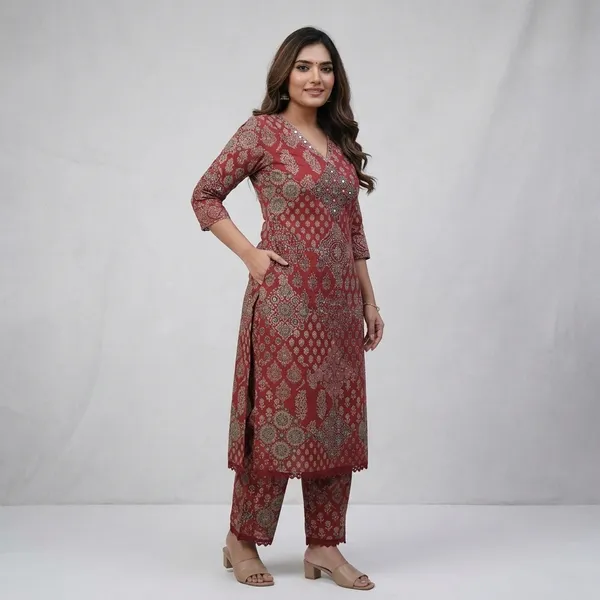 Red_70%_Cotton_And_30%_Rayon_Co-Ord_Set_For_Women