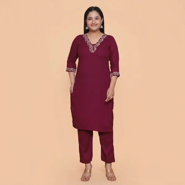 Maroon_70%_Cotton_And_30%_Rayon_Co-Ord_Set_For_Women