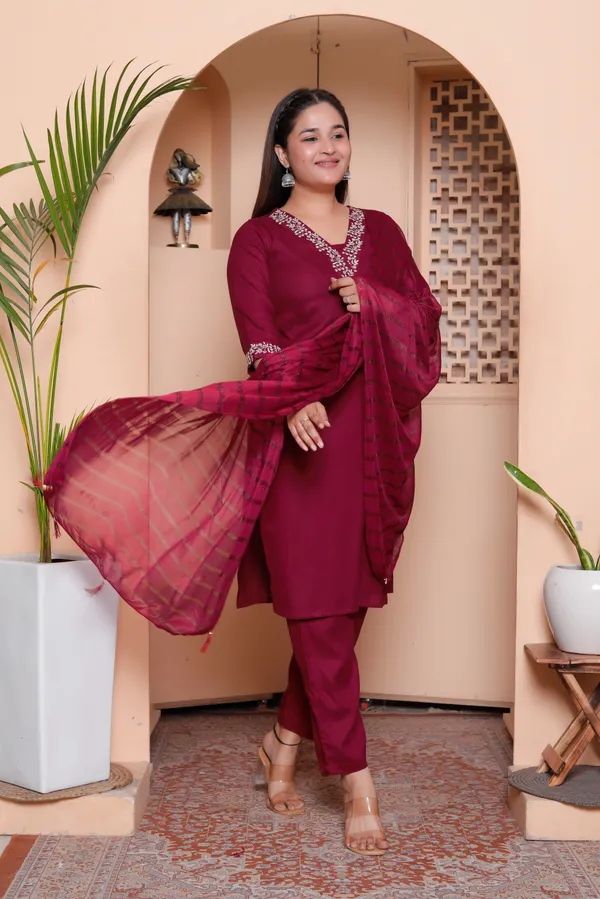 Maroon_70%_Cotton_And_30%_Rayon_Co-Ord_Set_For_Women