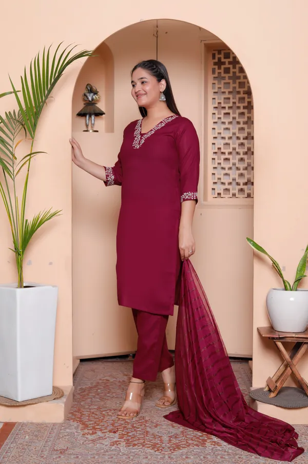 Maroon_70%_Cotton_And_30%_Rayon_Co-Ord_Set_For_Women