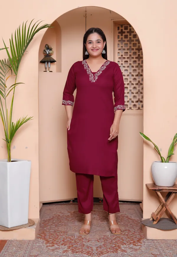 Maroon_70%_Cotton_And_30%_Rayon_Co-Ord_Set_For_Women