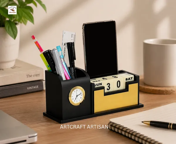 Wooden_Pen_Stand_With_Watch
