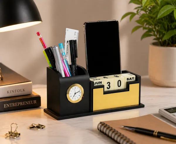 Wooden_Pen_Stand_With_Watch