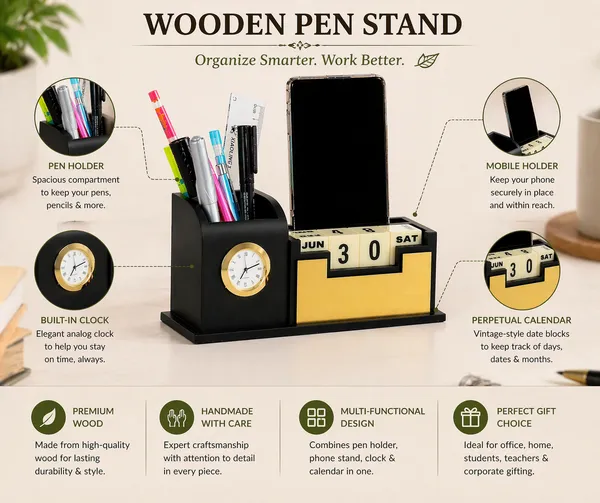 Wooden_Pen_Stand_With_Watch