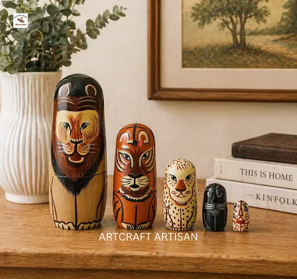 Wooden_Lion_Family_Hand-Painted_5_in_1_Set_Doll