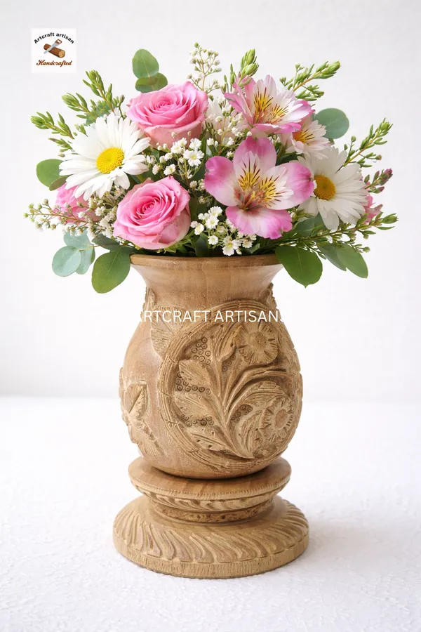 Hand_Carved_Wooden_Flower_Vase_with_Floral_Design_|_Rustic_Handmade_Wooden_Vase_|_Decorative_Table_Centerpiece_|_Artisan_Home_Decor_Gift