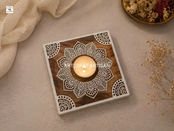Handcarved_Wooden_Candle_Holder_|_Mandala_Design_Tealight_Holder_|_Handmade_Rustic_Home_Decor_|_Diwali_Decor_|_Boho_Table_Centerpiece_Gift
