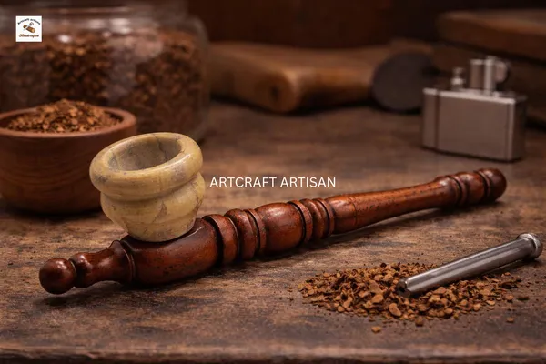 Brown_Wooden_Carved_decor__Pipe_with_Stone_Cap_|_Handmade_Wooden_craft_Pipe_|_Rustic_Engraved_Pipe_|_Vintage_Stone_Bowl_decor_Accessory