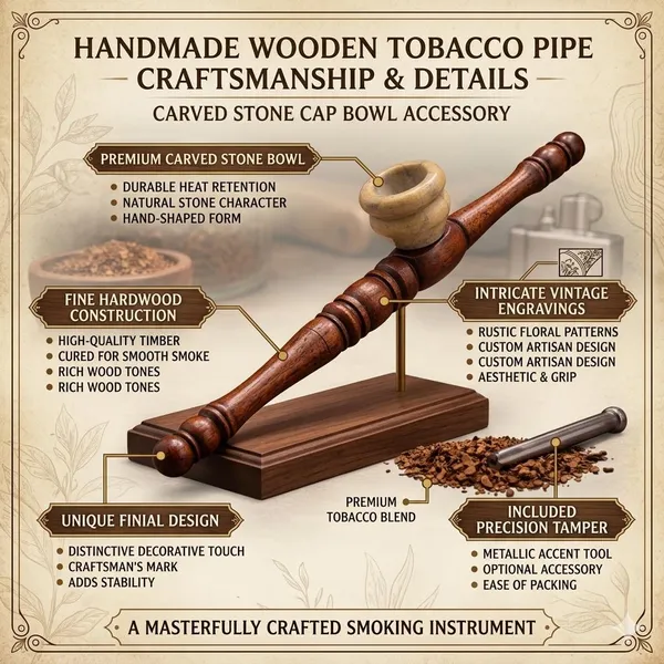 Brown_Wooden_Carved_decor__Pipe_with_Stone_Cap_|_Handmade_Wooden_craft_Pipe_|_Rustic_Engraved_Pipe_|_Vintage_Stone_Bowl_decor_Accessory