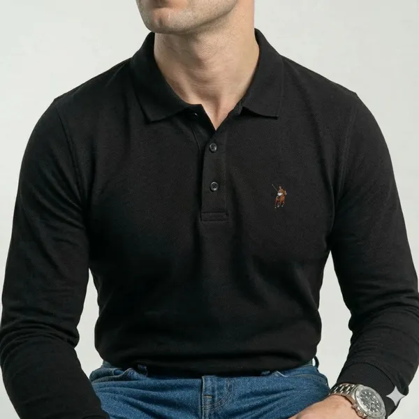 Black_Cotton_Custom_Slim_Fit_Full_Sleeves_Polo_Shirt_For_Men