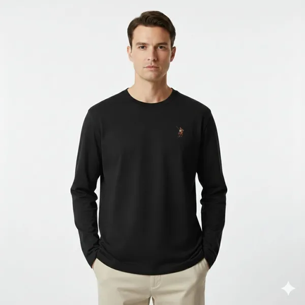 Black_Cotton_Loose_Fit_Full_Sleeves_Round_Neck_T_Shirt_For_Men